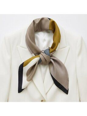 ✨Elegant Bandana Square Scarf Silky Satin Abstract Geometric Neutral Green Gray✨